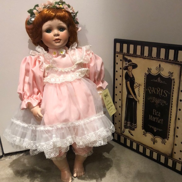 Gorgeous porcelain face baby doll Beautiful red hair adorned w a floral wreath - Picture 1 of 9